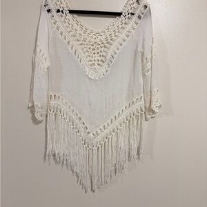Boho Crochet Fringe Tunic Top - Cream size S festival